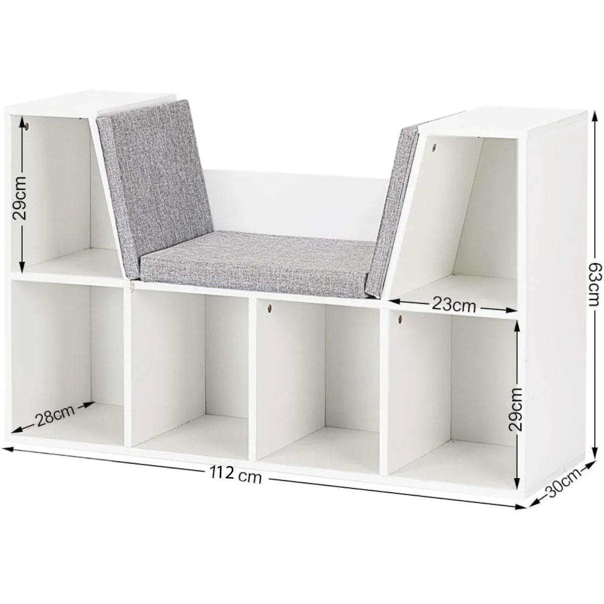 Libreria Montessori 3 in 1 per Bambini con Panca – Scaffale Libri e Organizer Giochi con 6 Scomparti, Bianco (3+ anni)