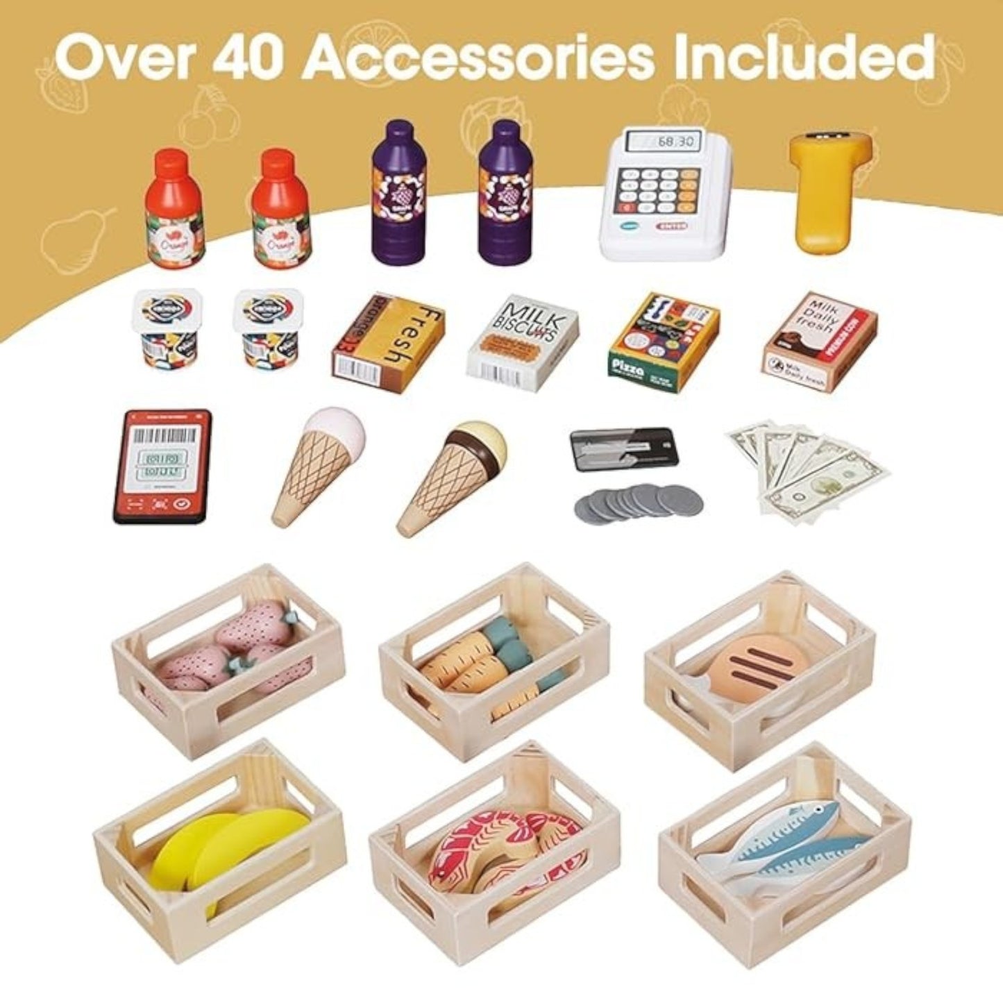 Negozio e teatro per bambini in legno 2 in 1 GINGER HOME, per giochi di ruolo, con registratore di cassa, terminale POS e scanner con suoni, giocattoli e accessori, 45x24x97,5 cm, per bambini dai 3 anni in su