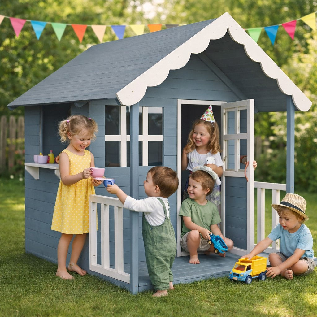 Дървена Детска Къща GINGER HOME, 139x143.5x149 см, за Игри на Открито в Двора и Градината