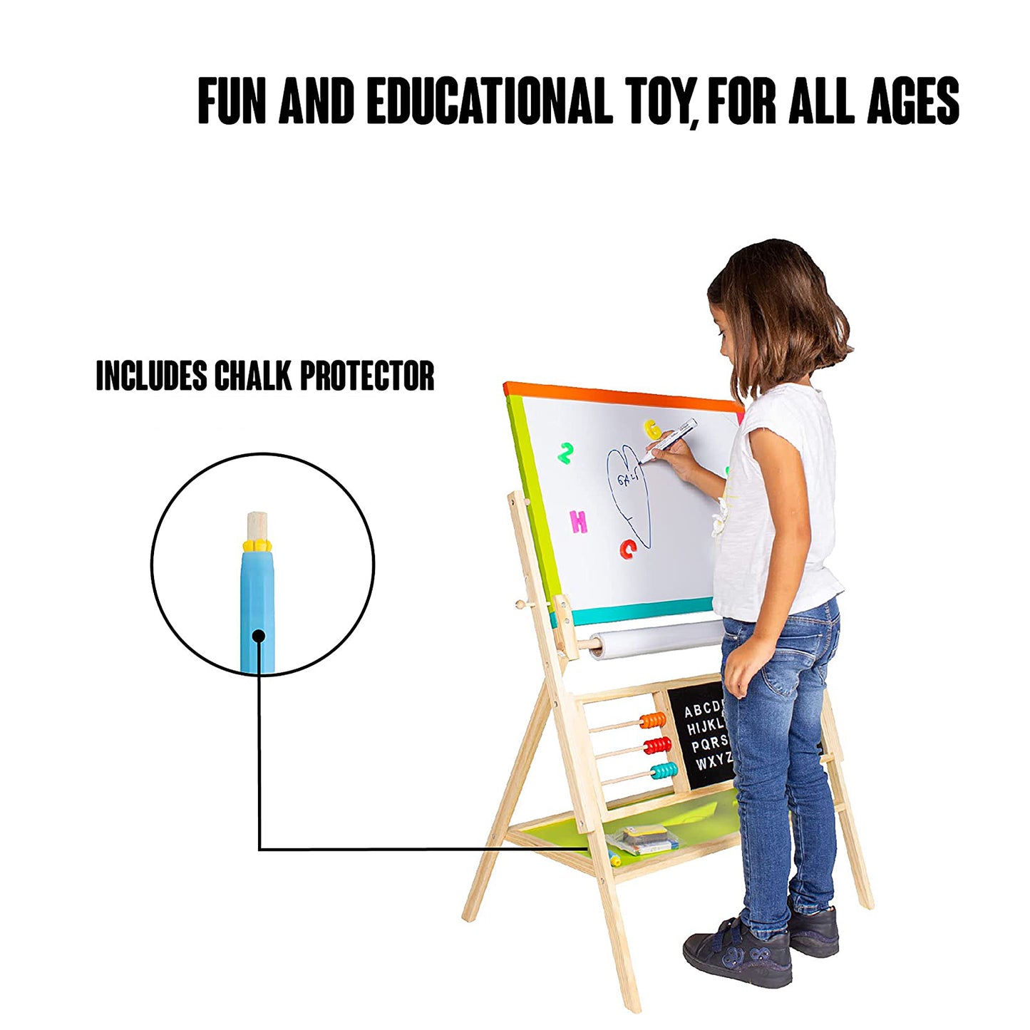 Детска Дървена Дъска, Статив 3 в 1 - Черна дъска, Магнитна Дъска, Бяла Дъска с Аксесоари