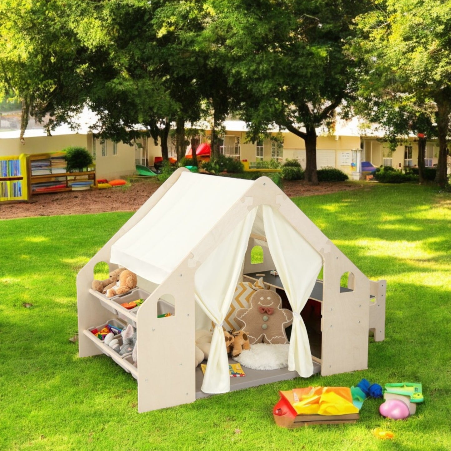 Casetta in legno per bambini 6 in 1 GINGER HOME – Sedia, tavolo, lavagna, organizer, tenda da sole e morbido materassino