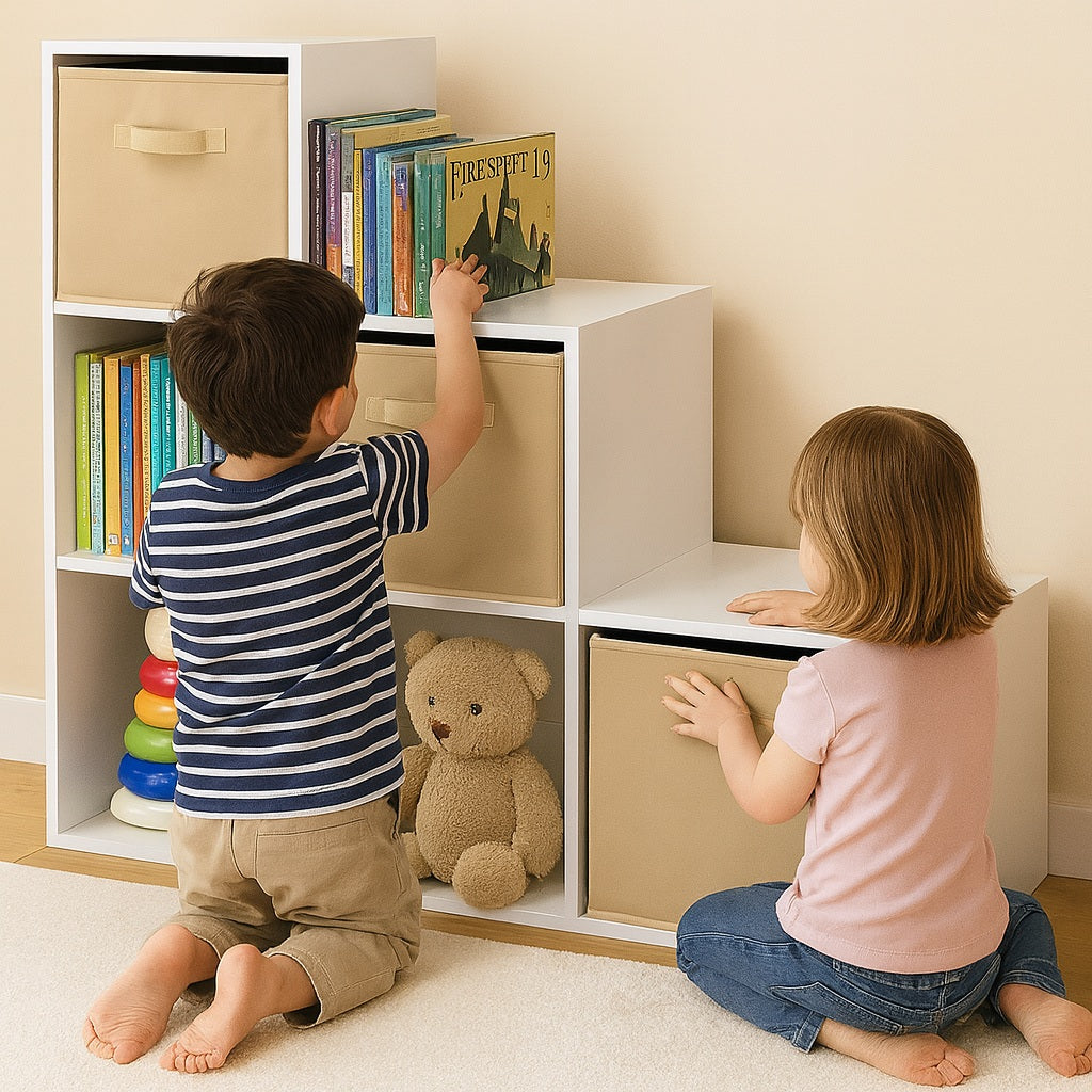 Libreria per bambini, organizer per giocattoli, GINGER HOME con 6 scomparti e contenitori tessili, bianco, mobili Montessori