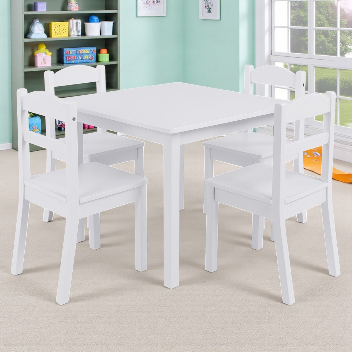 Детска Маса с 4 Столчета GINGER HOME, Дървен Комплект за Игра и Учение, Бял, 66x56x48 см