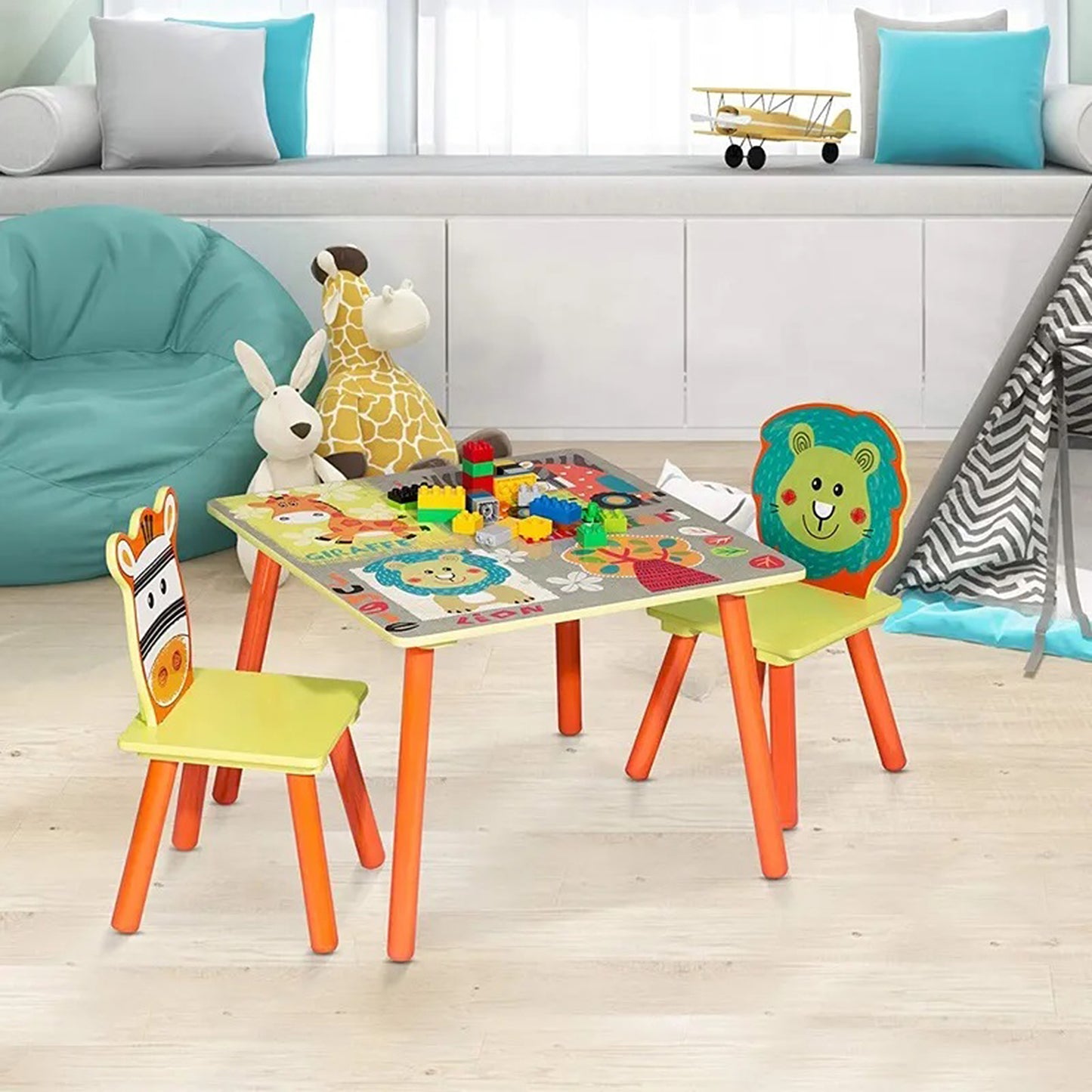 Tavolo per bambini con 2 sedie, set in legno - per imparare, giocare, disegnare, mangiare - SAFARI