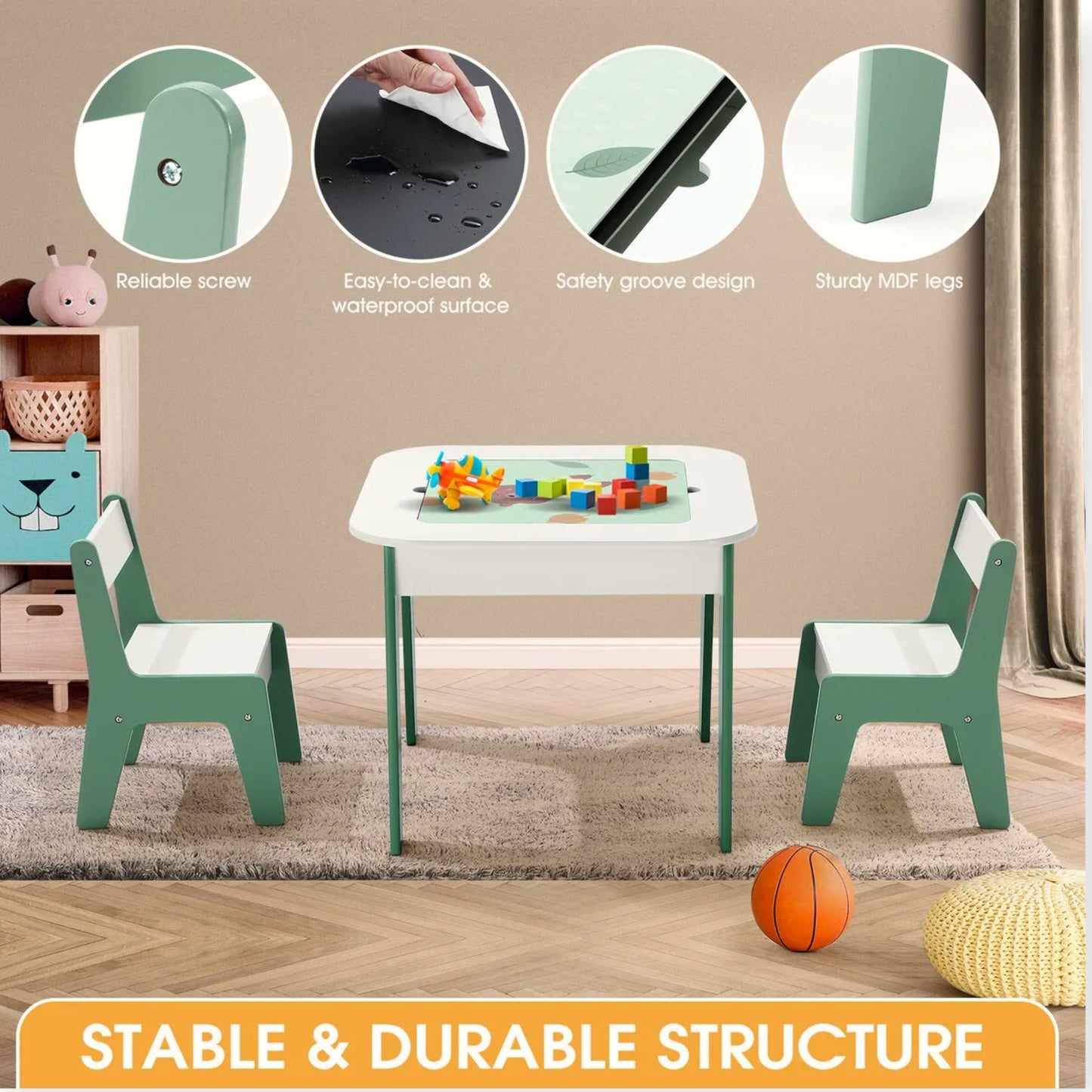 Детска Масичка със Столчета 4 в 1 GINGER HOME, 2 Плота, Черна дъска и Плот за Редене на Конструктори тип LEGO, Forest