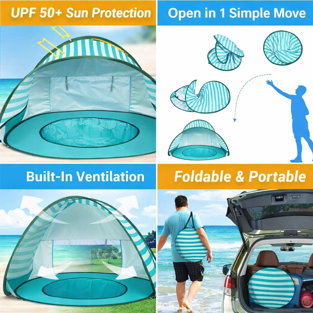 Колаж с основни предимства на детска pop-up палатка за игра, GINGER HOME