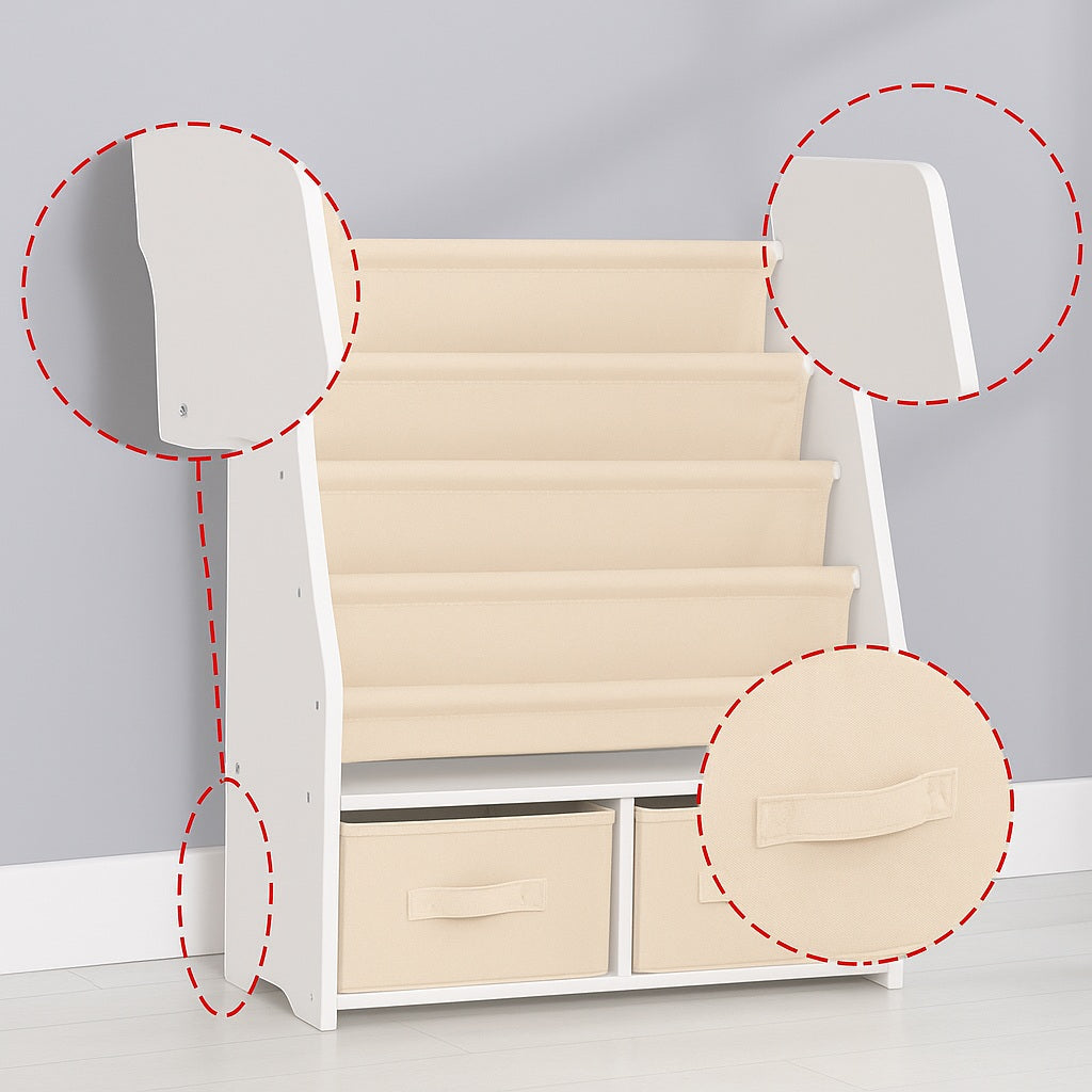 Children's wooden organizer for books and toys with a chest on wheels - WHITE/GREY