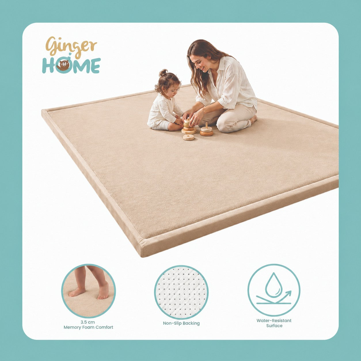 Детски Мемори Килим GINGER HOME LOLLA, 150x200 см, 3,5 см Дебелина, Кадифено Мек Водоустойчив Горен Слой, Мемори Пяна, Противохлъзгаща Основа, Бежов