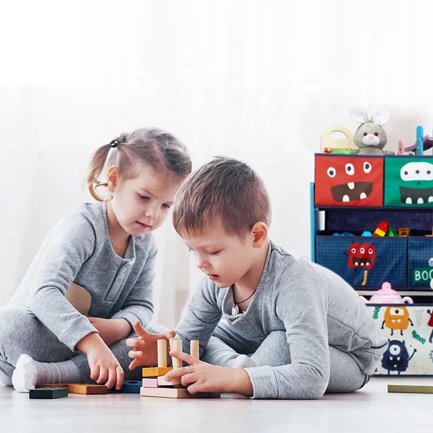 Organizzatore per giocattoli per bambini, scaffale, sezione, con 9 contenitori tessili - MONSTER