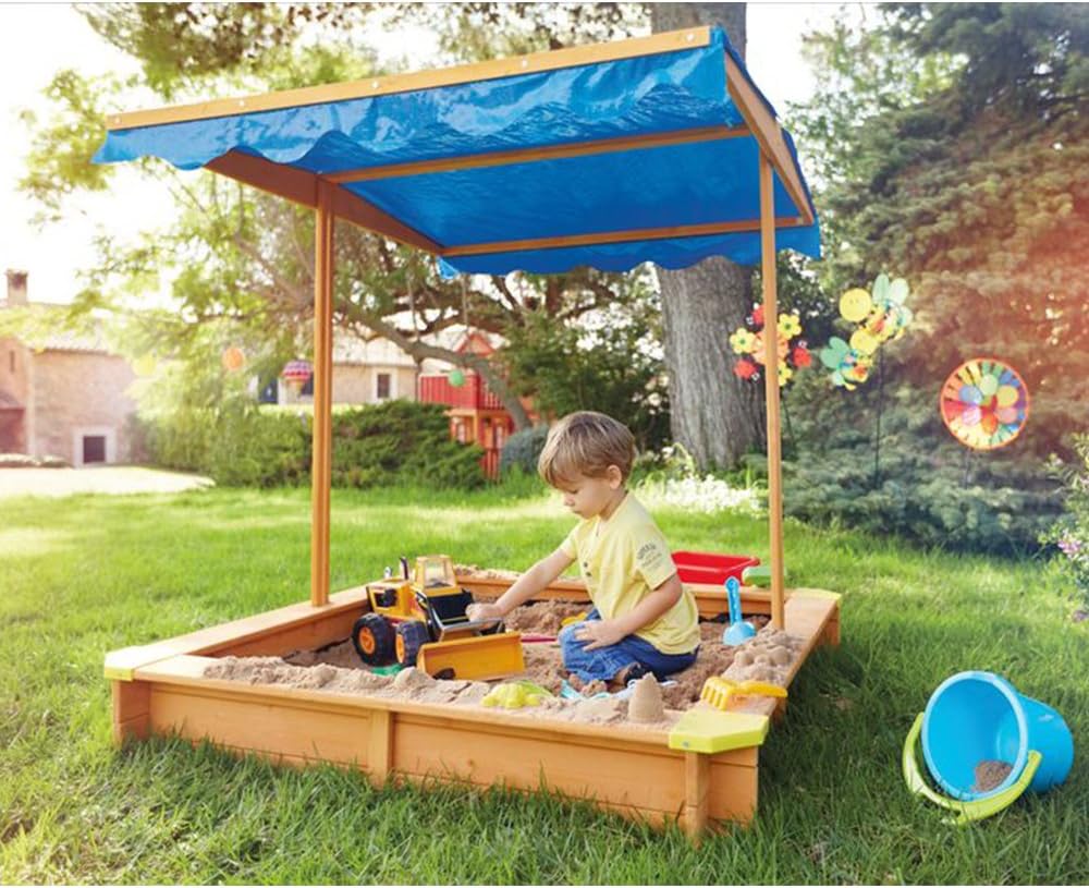 Sabbiera per bambini GINGER HOME, con tettoia regolabile, impermeabile anti-UV 30, in legno, 112x112 cm