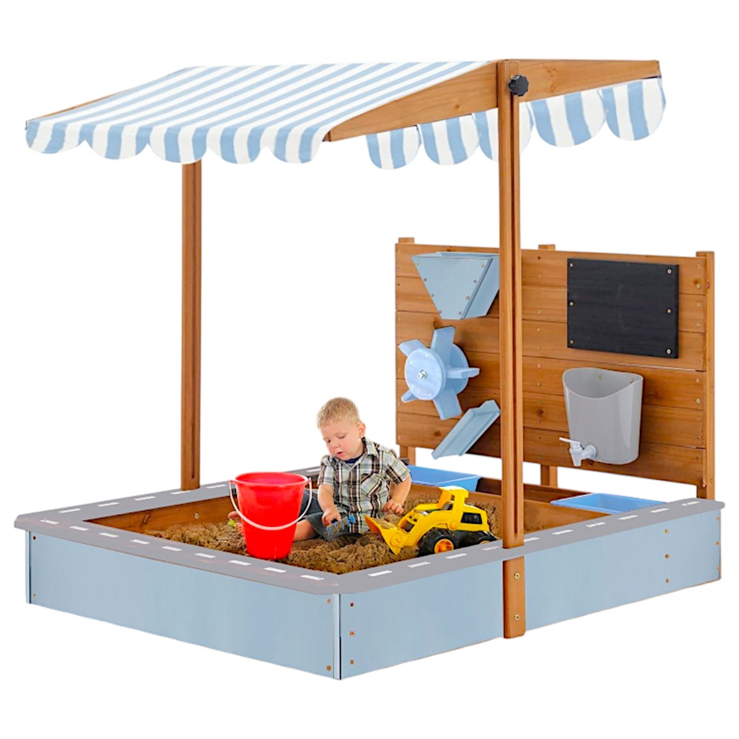 Sabbiere in Legno per Bambini GINGER HOME con Tetto Regolabile e Accessori, 120×120×120 cm – Sabbiera da Giardino