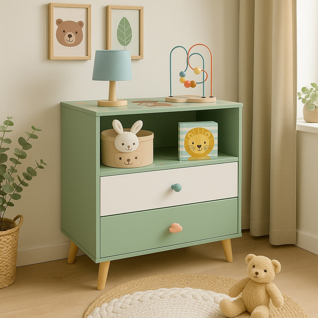 Детски Шкаф за Играчки и Дрехи GINGER HOME, Етажерка за Детска Стая с 2 чекмеджета, Мече, FOREST