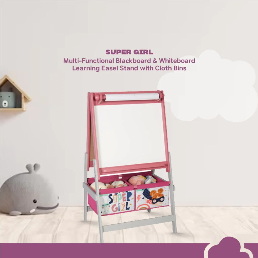 Cavalletto da disegno per bambini GINGER HOME 3 in 1 - Lavagna, Lavagna bianca, Rotolo di carta, SUPER GIRL