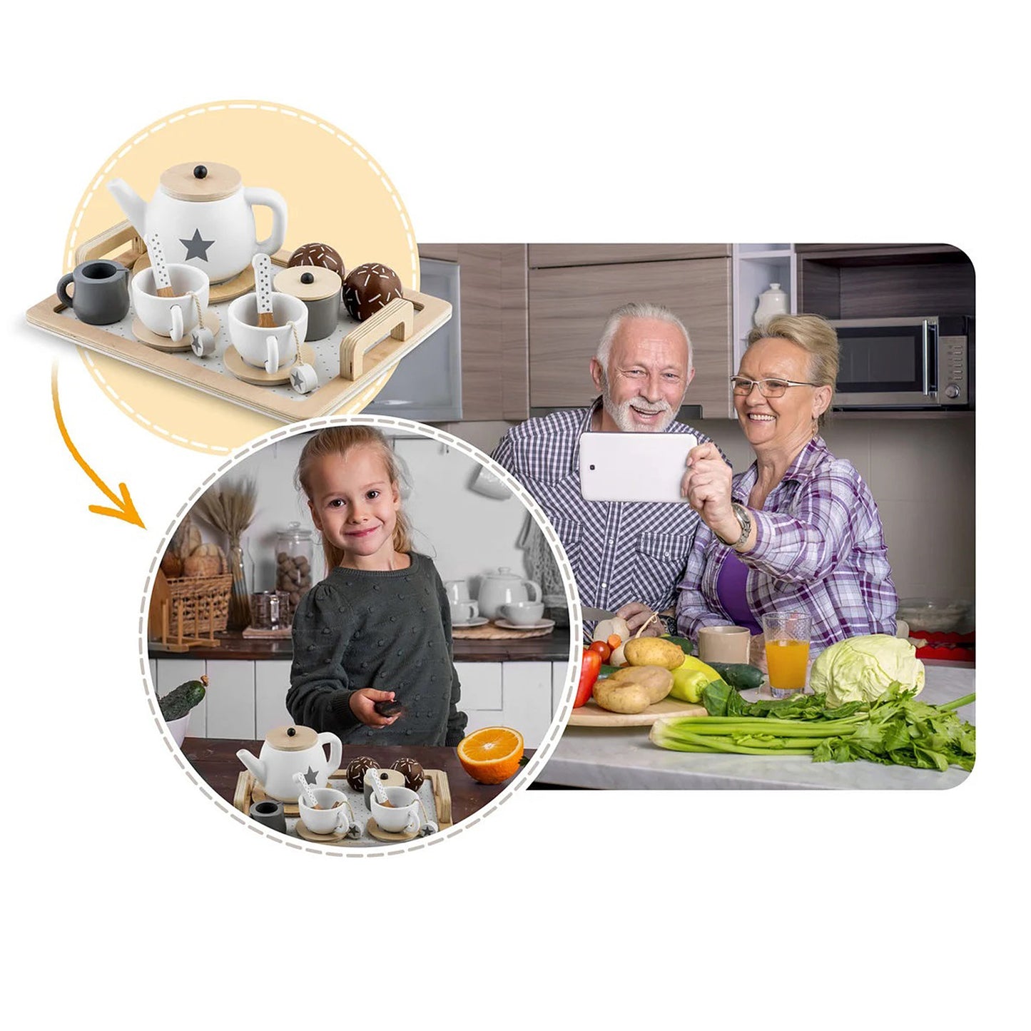 Set da tè e caffè in legno per bambini con accessori - bianco/grigio