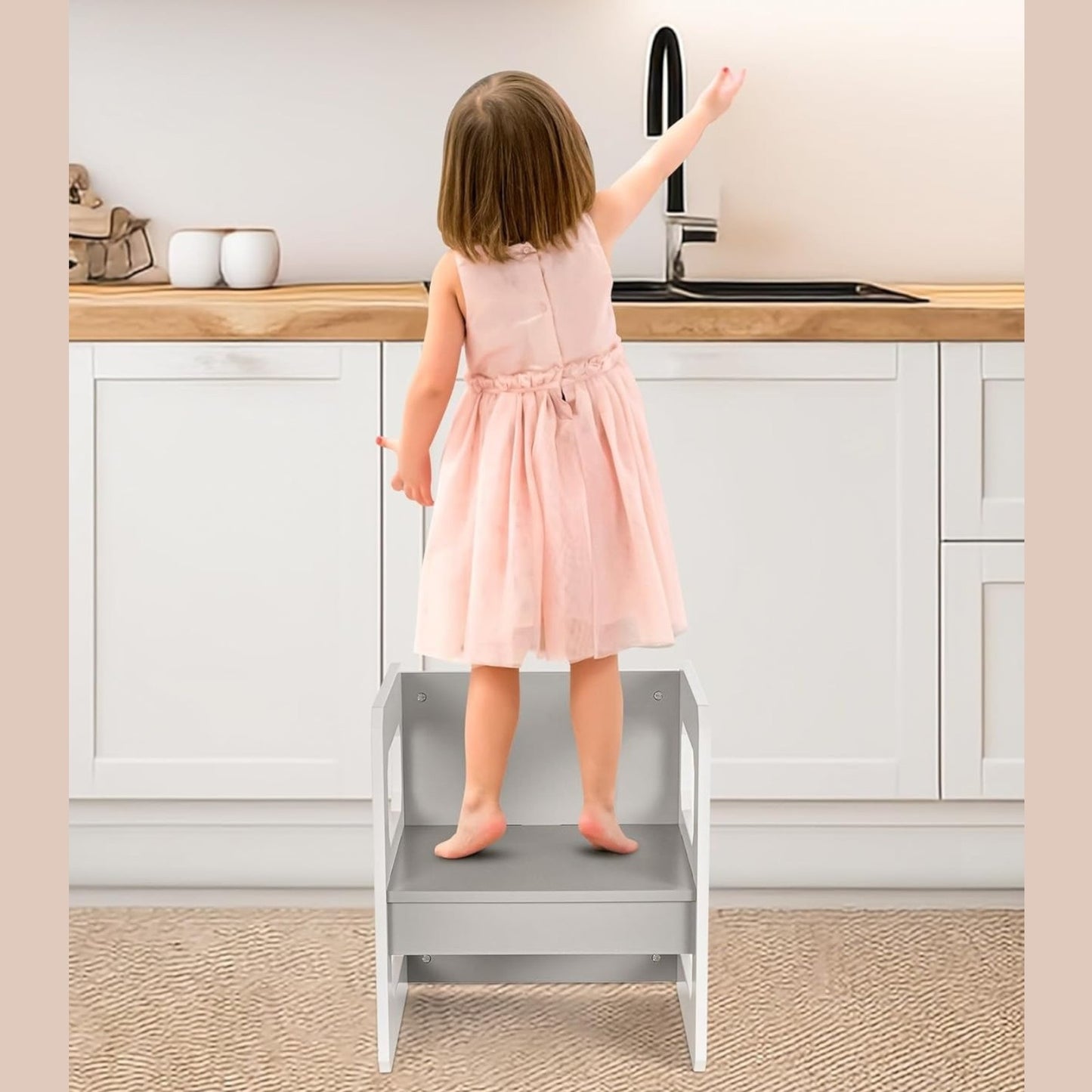 Tavolo e sedia per bambini Montessori GINGER HOME, set in legno 3 in 1, bianco e grigio