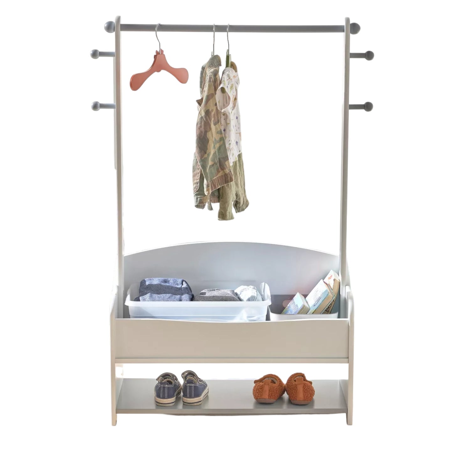 Children's wooden clothes rack with storage shelves - WHITE/GREY