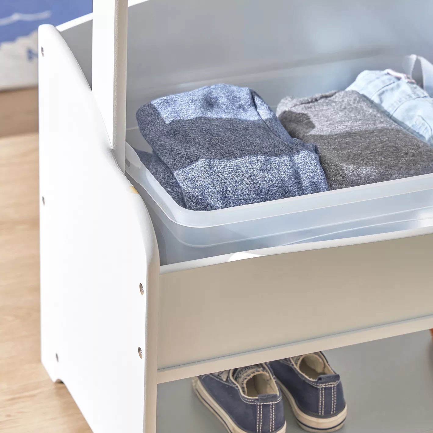 Children's wooden clothes rack with storage shelves - WHITE/GREY