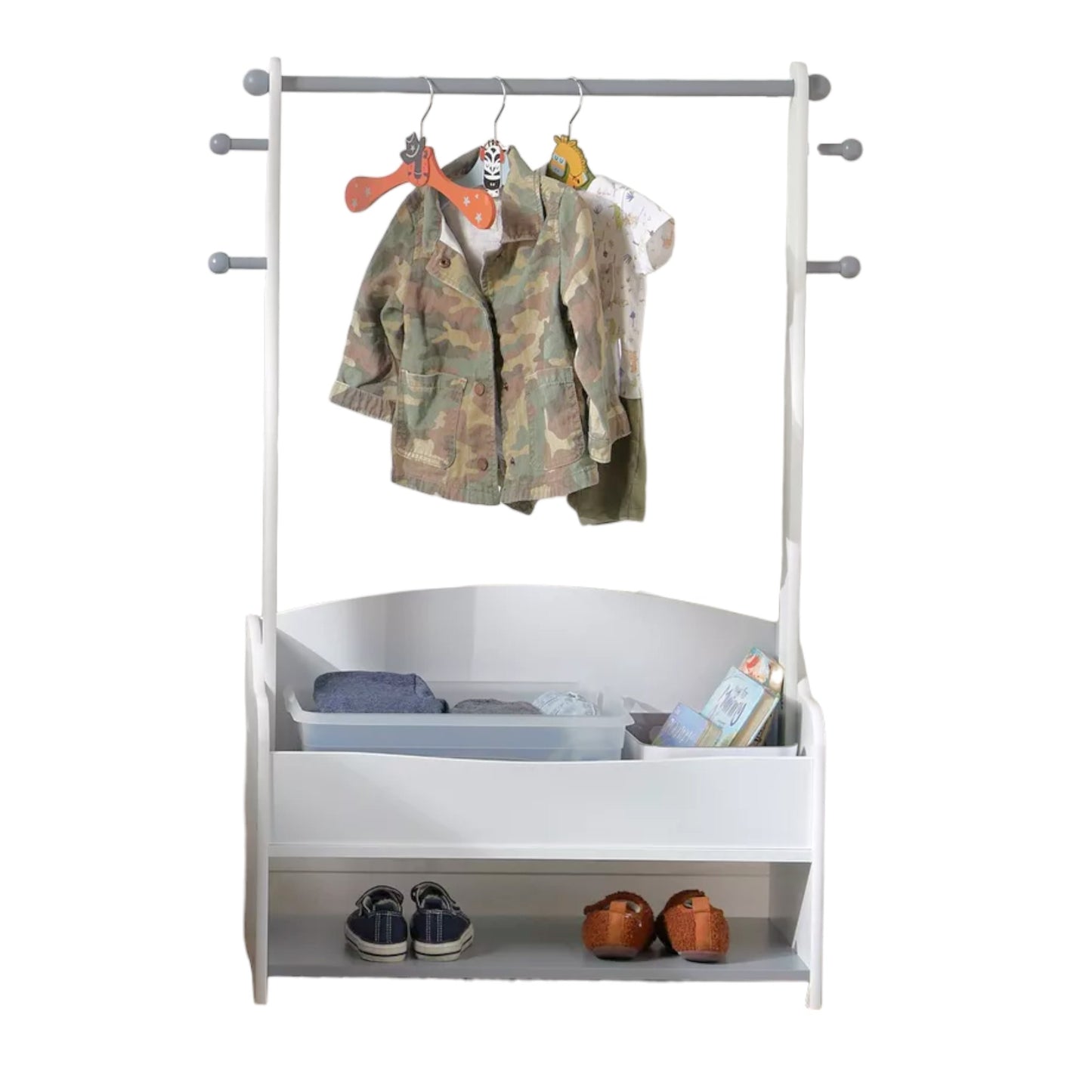 Children's wooden clothes rack with storage shelves - WHITE/GREY