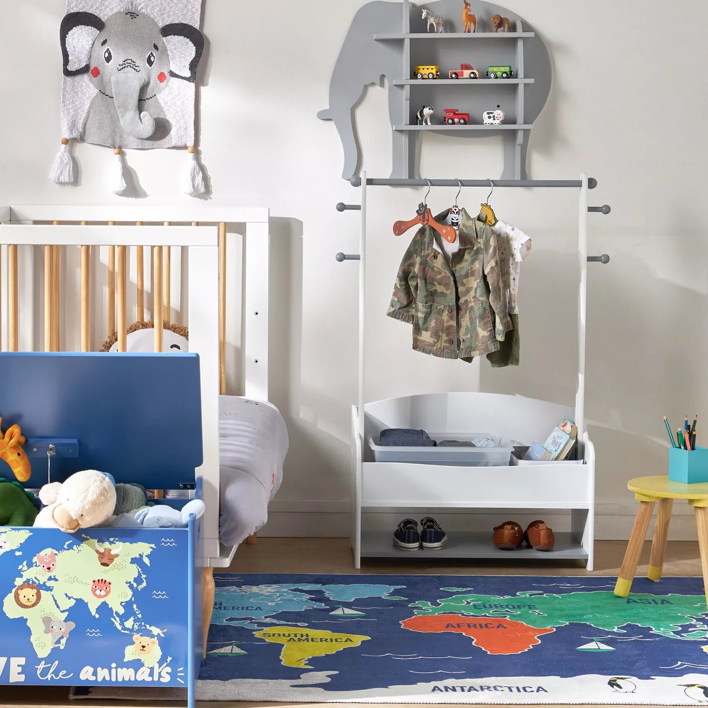 Children's wooden clothes rack with storage shelves - WHITE/GREY