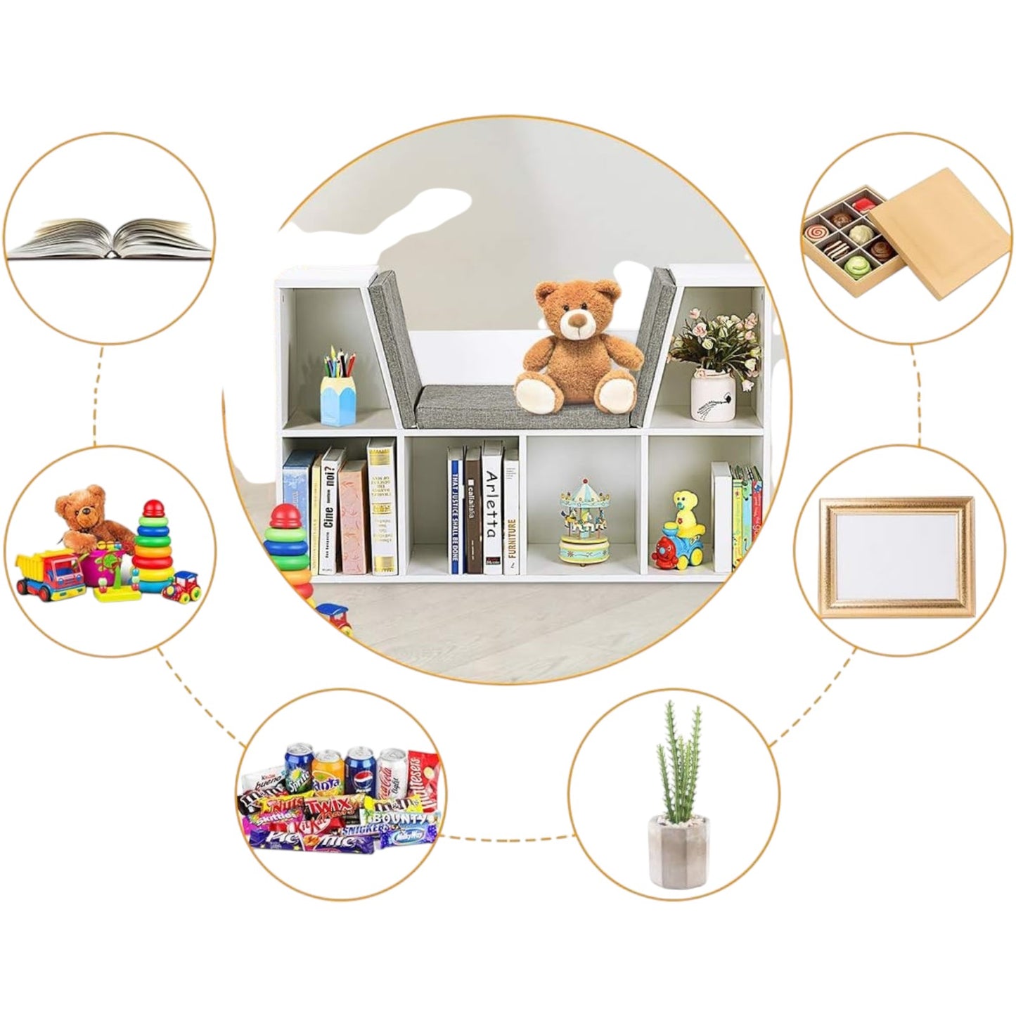 Libreria Montessori 3 in 1 per Bambini con Panca – Scaffale Libri e Organizer Giochi con 6 Scomparti, Bianco (3+ anni)