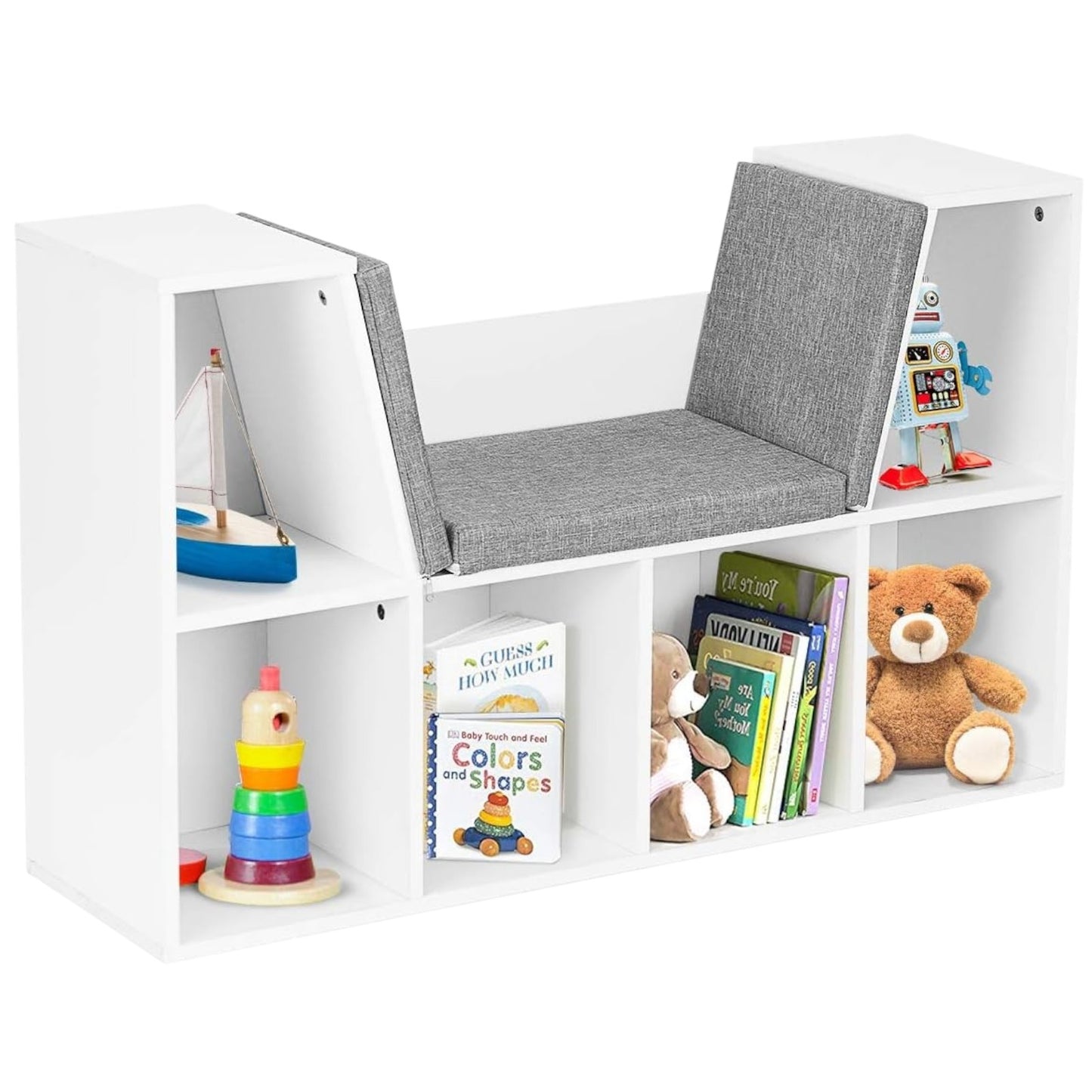 Libreria Montessori 3 in 1 per Bambini con Panca – Scaffale Libri e Organizer Giochi con 6 Scomparti, Bianco (3+ anni)