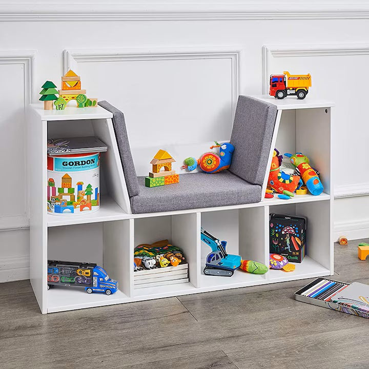 Libreria Montessori 3 in 1 per Bambini con Panca – Scaffale Libri e Organizer Giochi con 6 Scomparti, Bianco (3+ anni)