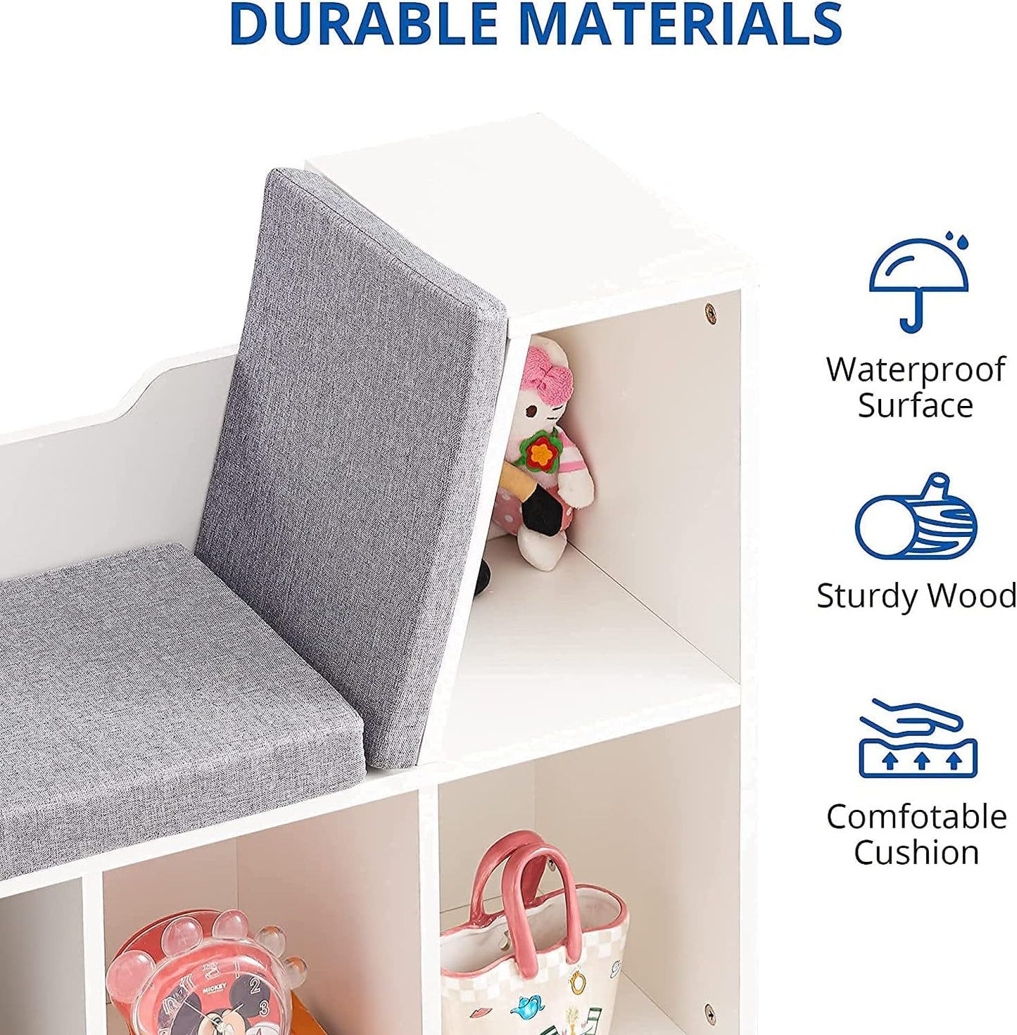 Libreria Montessori 3 in 1 per Bambini con Panca – Scaffale Libri e Organizer Giochi con 6 Scomparti, Bianco (3+ anni)