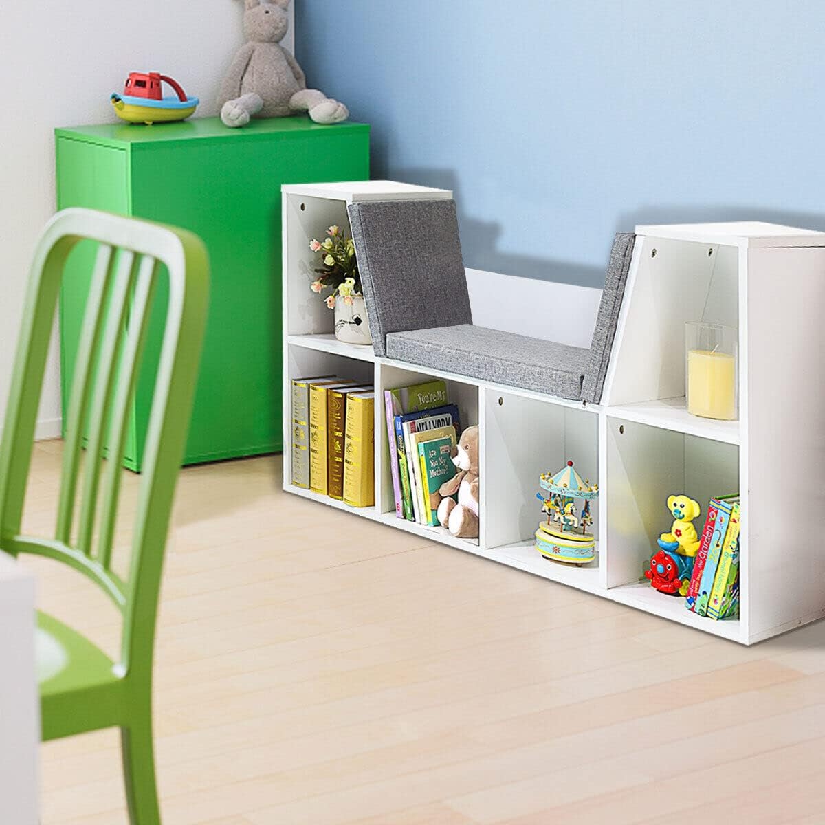 Libreria Montessori 3 in 1 per Bambini con Panca – Scaffale Libri e Organizer Giochi con 6 Scomparti, Bianco (3+ anni)