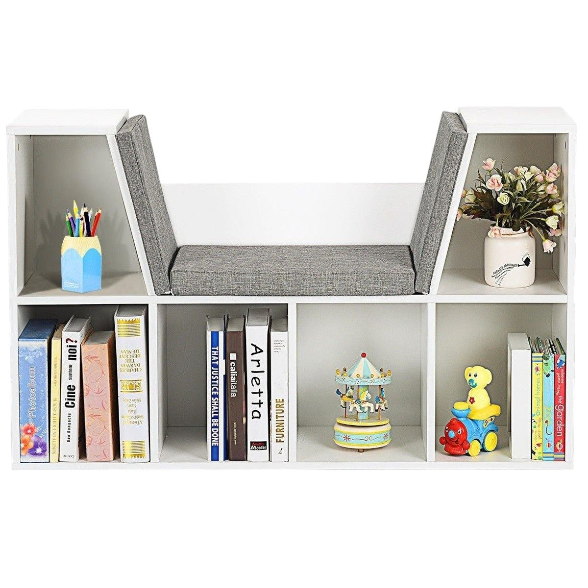 Libreria Montessori 3 in 1 per Bambini con Panca – Scaffale Libri e Organizer Giochi con 6 Scomparti, Bianco (3+ anni)