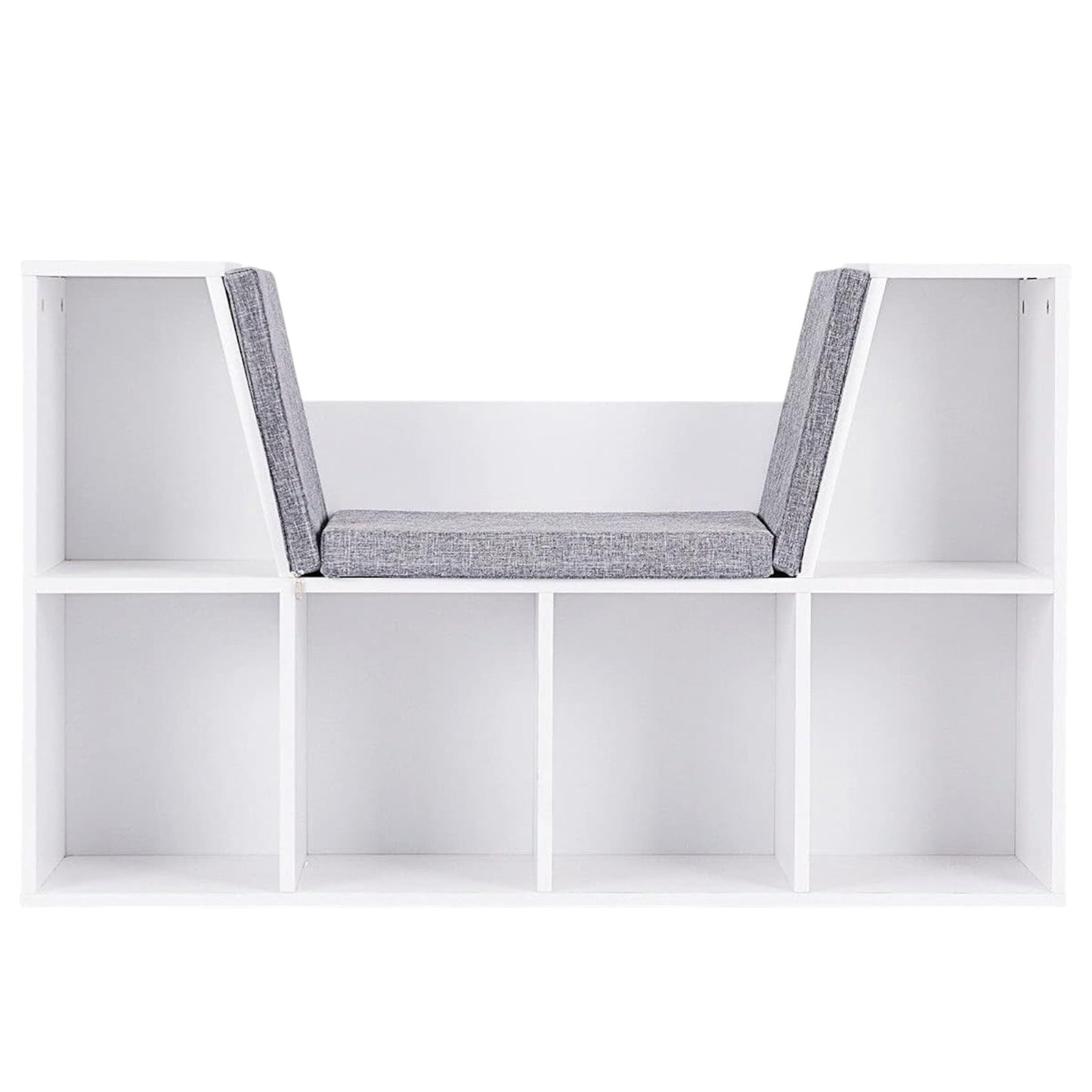 Libreria Montessori 3 in 1 per Bambini con Panca – Scaffale Libri e Organizer Giochi con 6 Scomparti, Bianco (3+ anni)