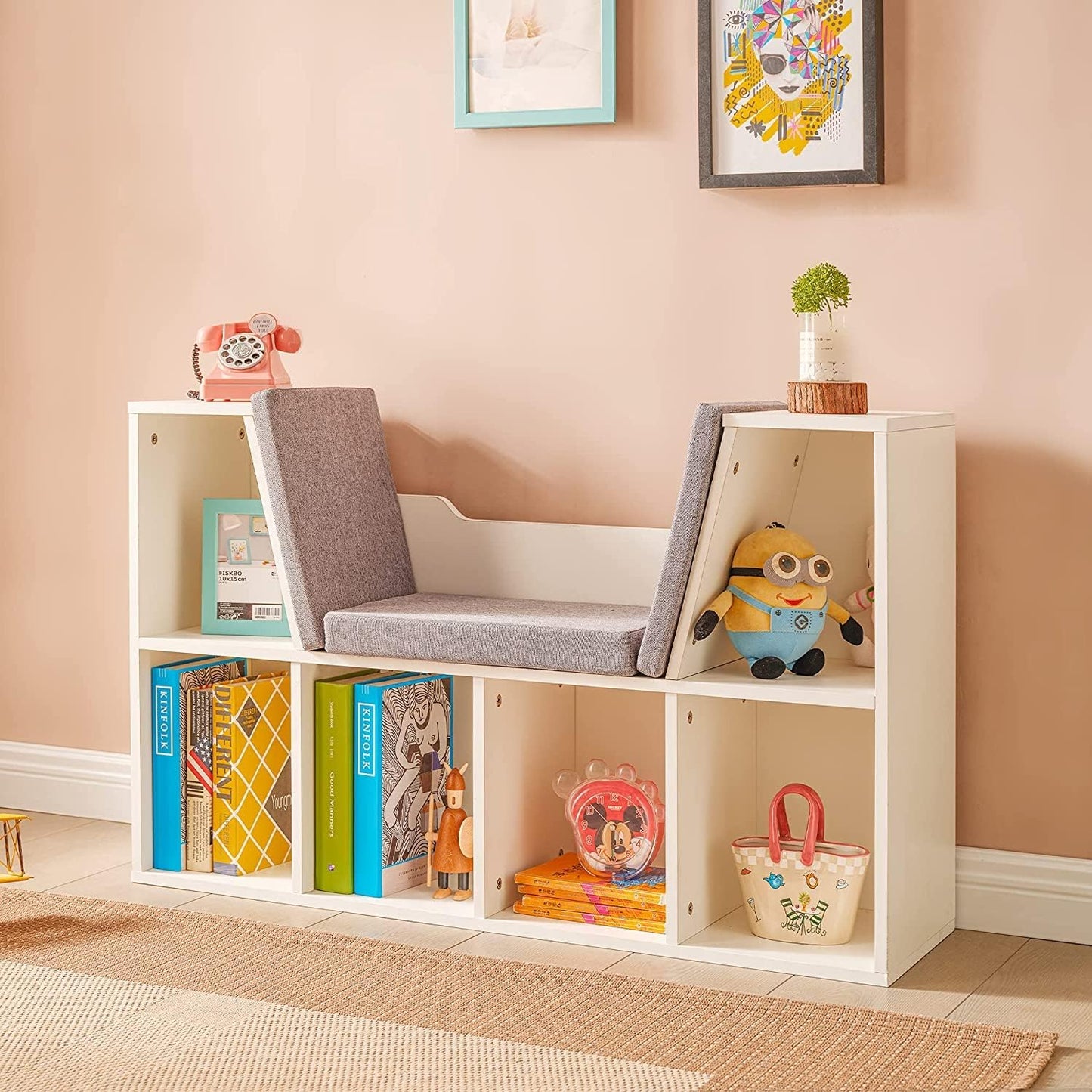 Libreria Montessori 3 in 1 per Bambini con Panca – Scaffale Libri e Organizer Giochi con 6 Scomparti, Bianco (3+ anni)
