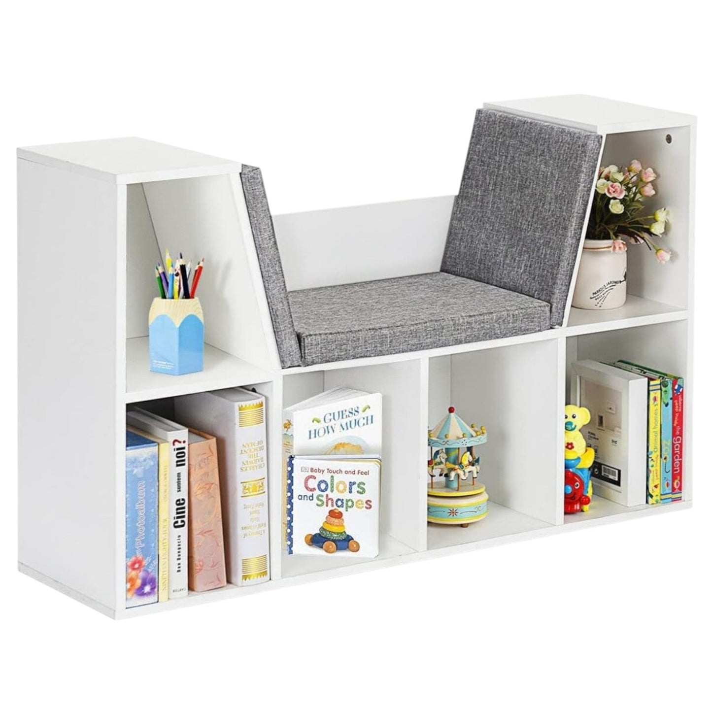 Libreria Montessori 3 in 1 per Bambini con Panca – Scaffale Libri e Organizer Giochi con 6 Scomparti, Bianco (3+ anni)
