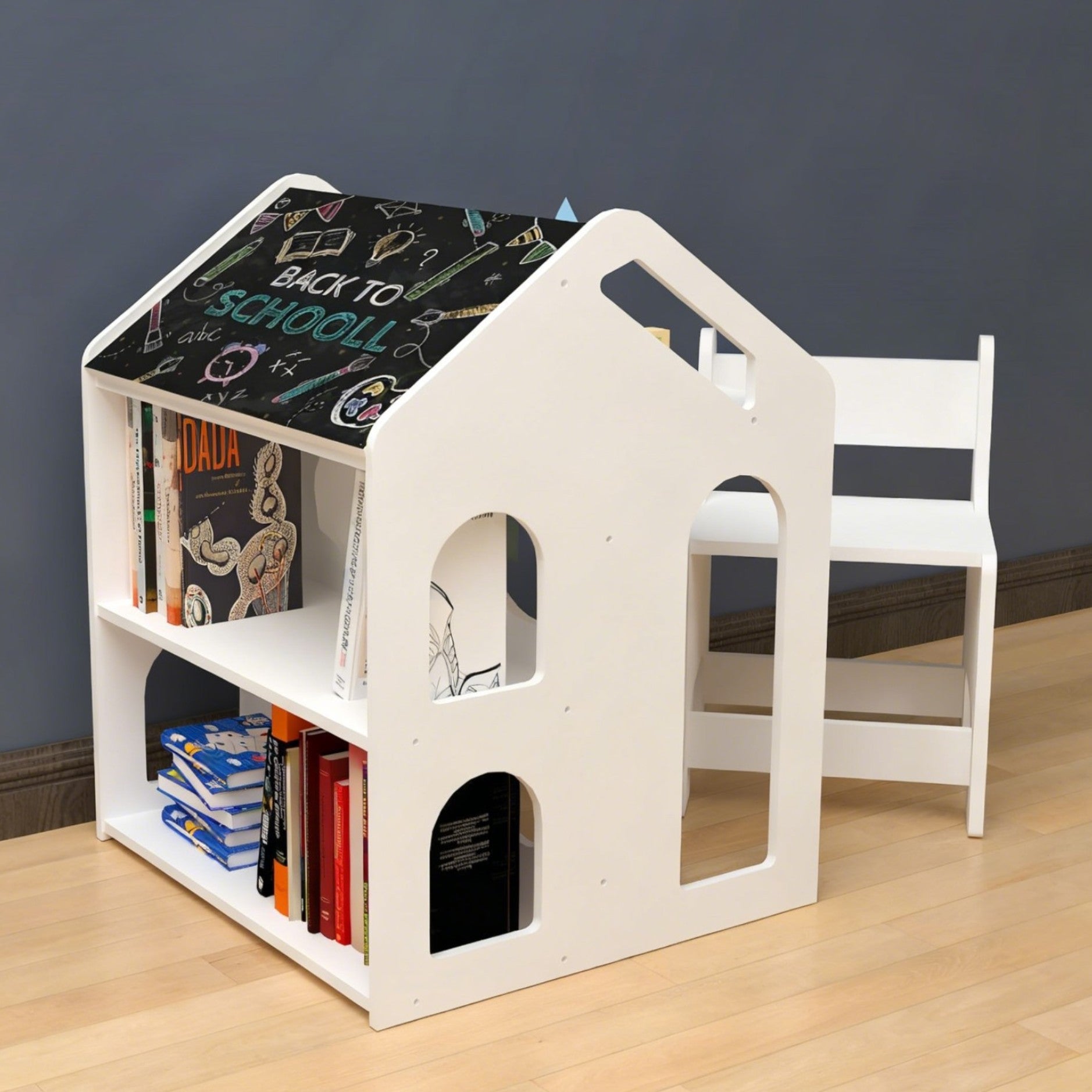 Монтесори бюро къщичка, детска маса с етажерка, столче за деца, бели детски мебели, маса за четене и учене