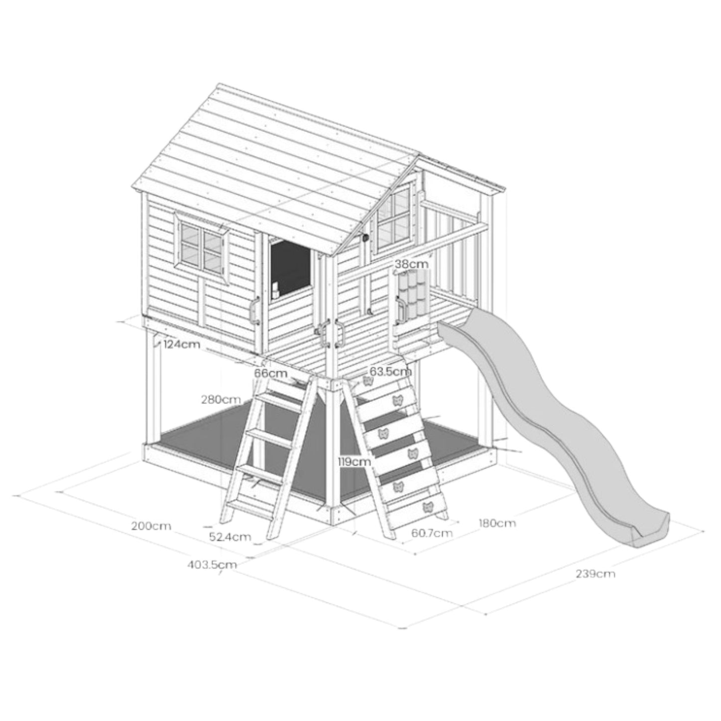 Голяма Детска Къща GINGER HOME с Пясъчник и Пързалка, за Игра на Открито в Двора и Градината, Дървена, 258х271.5х291 см.