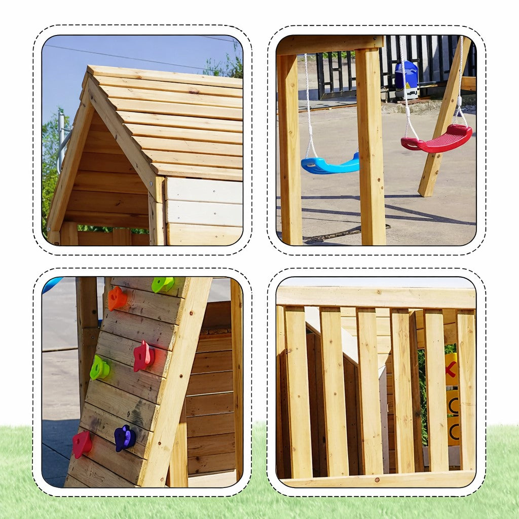 Комплект детска къщичка за двор с пързалка, люлки, катерушка и пясъчник

SH3-9