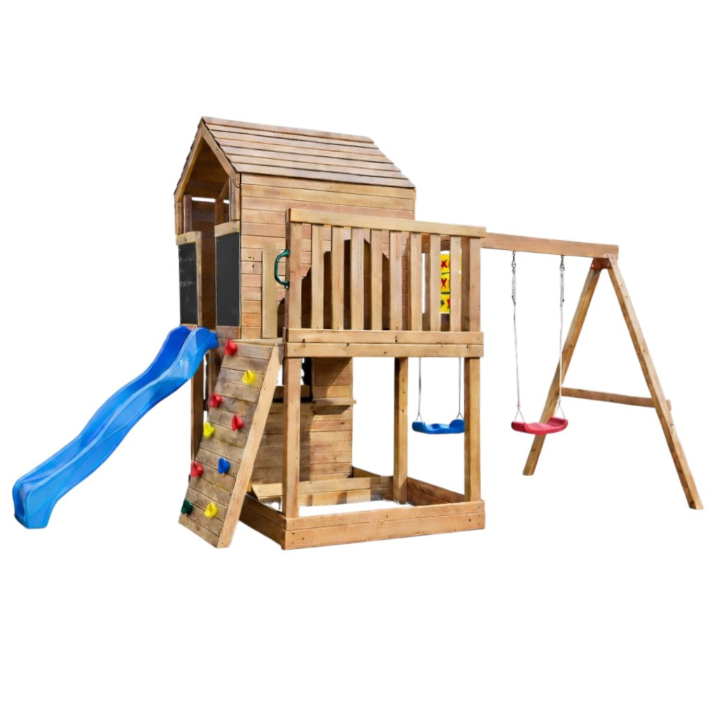 Детска дървена къщичка GINGER HOME с пързалка и две люлки за игра на открито