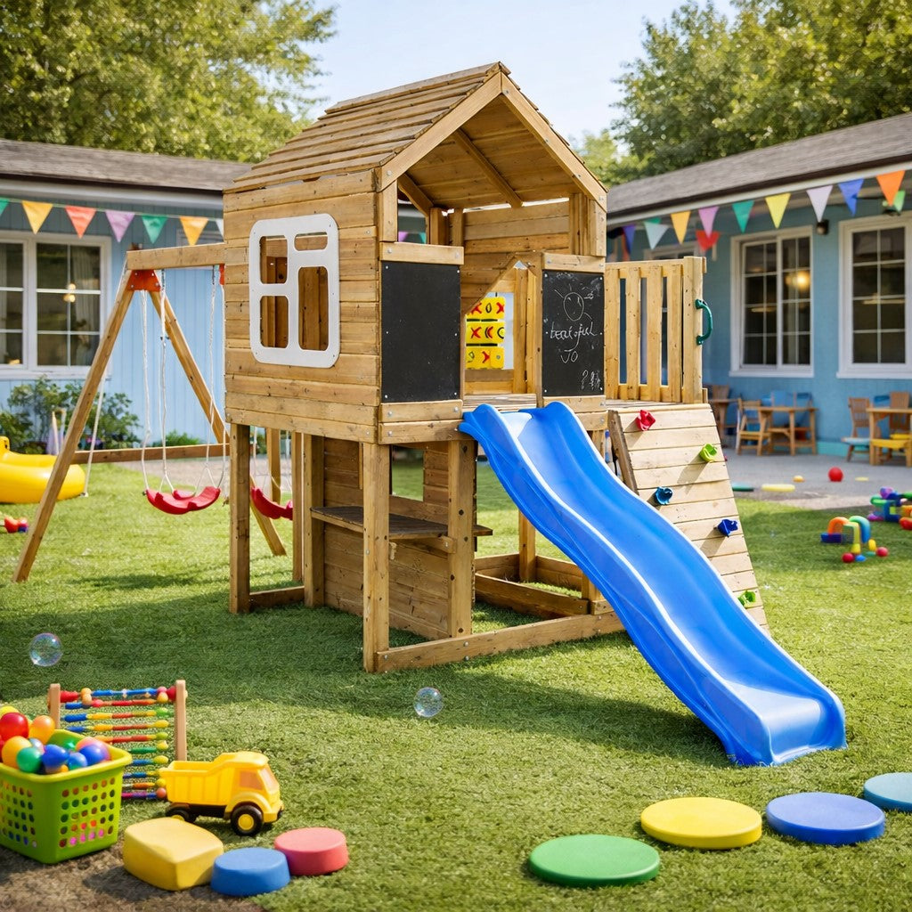 Детска къщичка за игра на открито в двор с пързалка, люлки и пясъчник