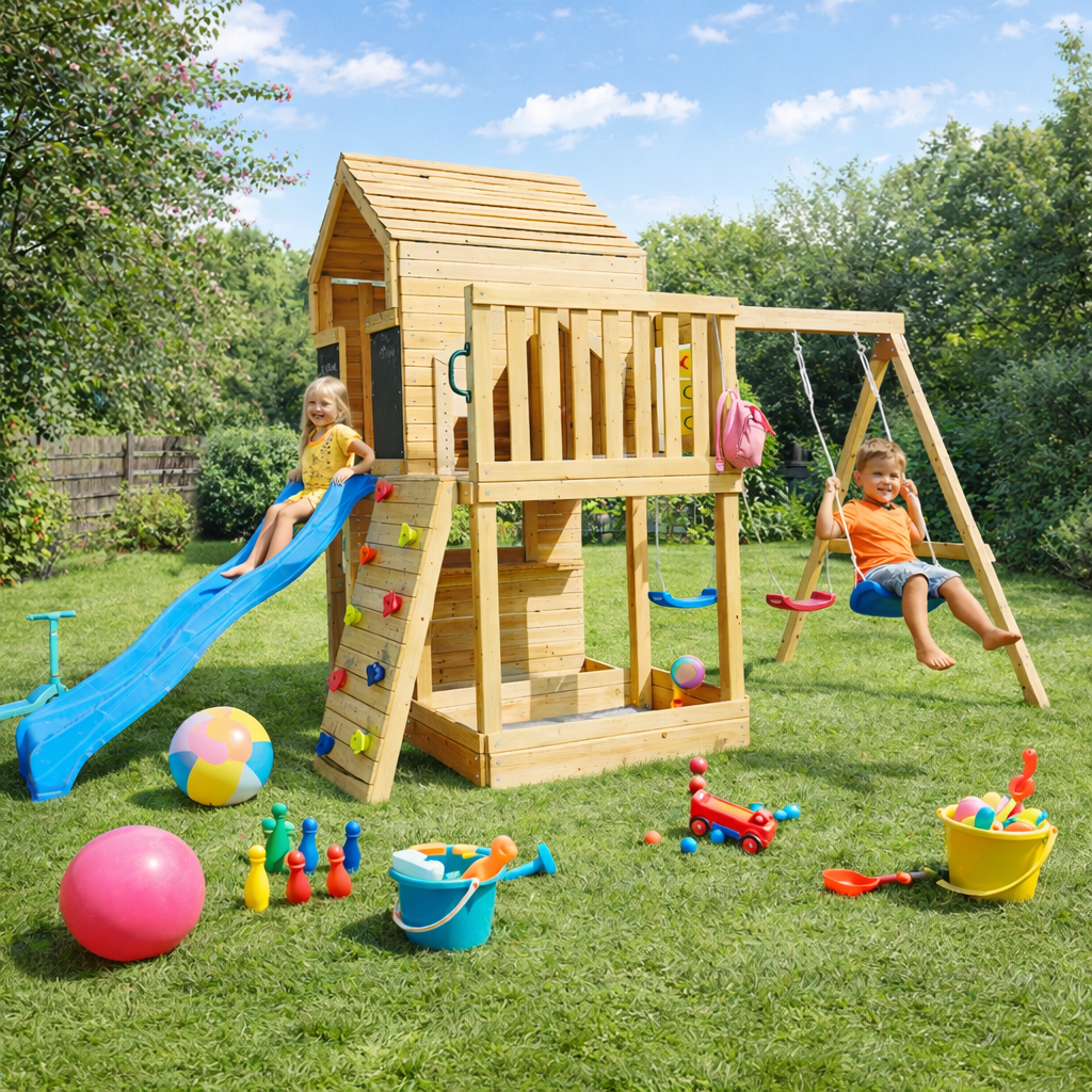 Голям детски игрови комплекс за двор с дървена къщичка, пързалка и люлки