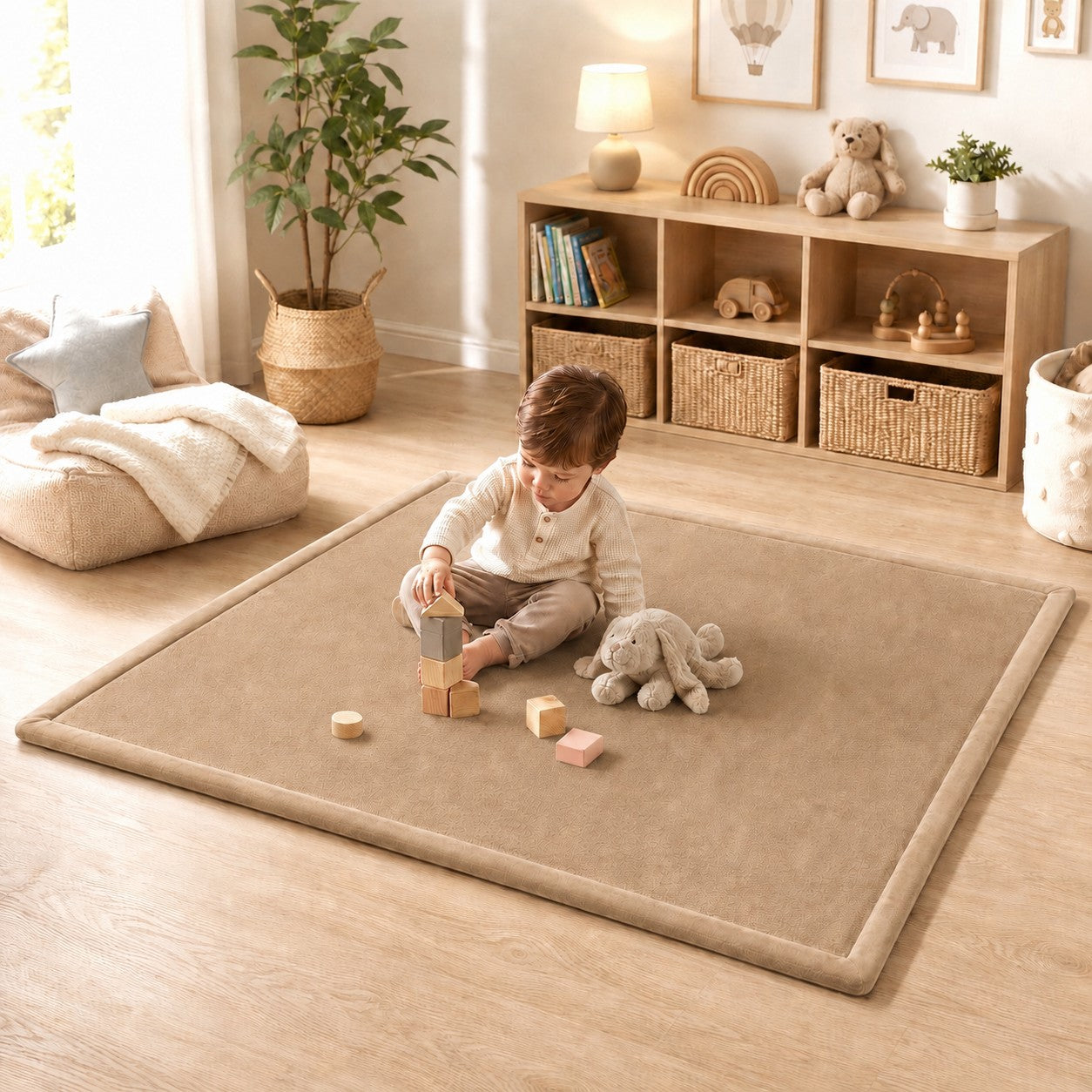  Бежов детски мемори килим GINGER HOME LOLLA в скандинавска детска стая с дете, играещо с дървени кубчета. 