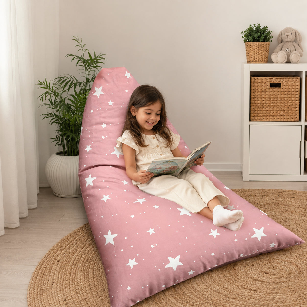 Детски Пуф Лежанка Барбарон GINGER HOME Little Stars в розов цвят със звезди, страничен изглед