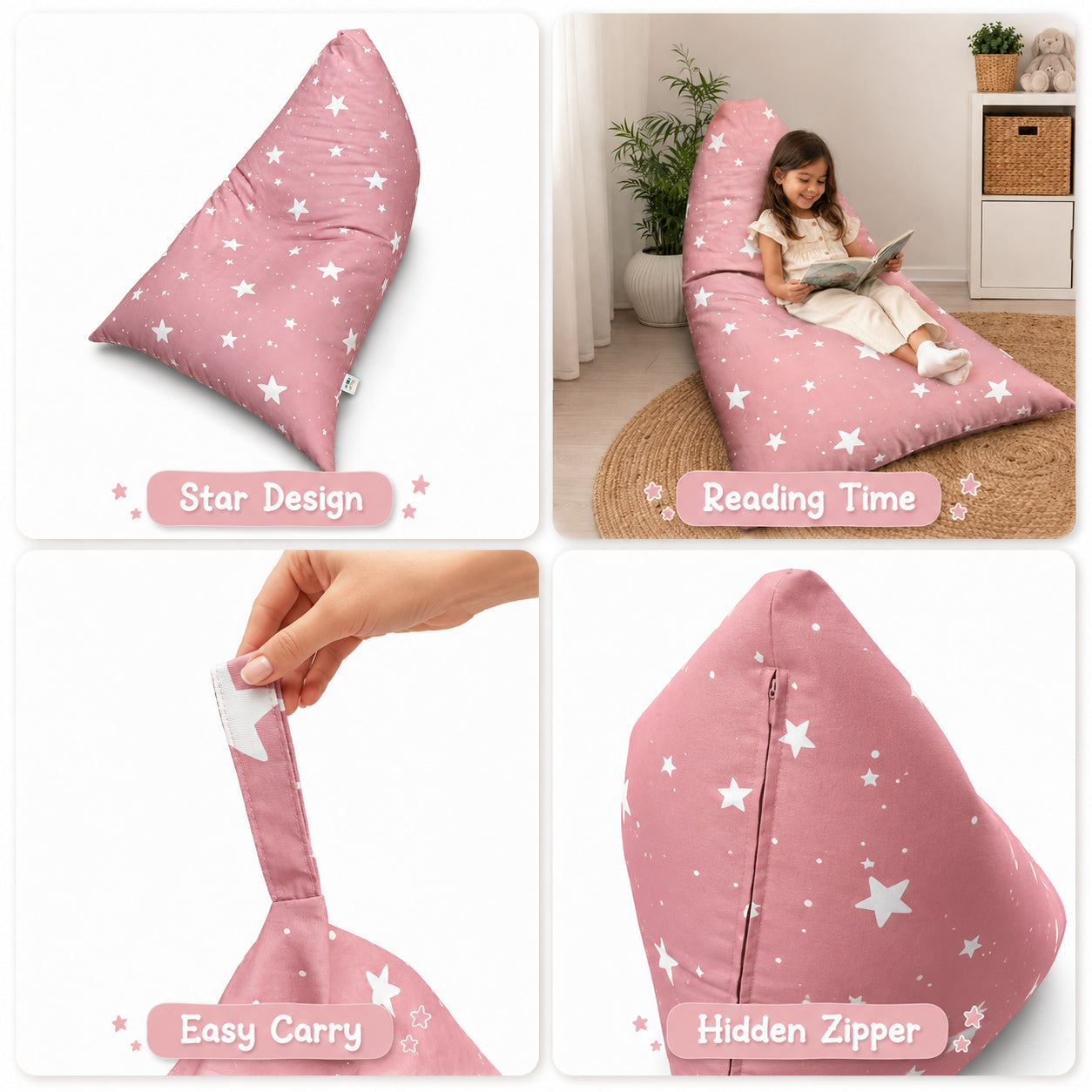Розов Детски Пуф Лежанка GINGER HOME Little Stars с предимства, дръжка и скрит цип