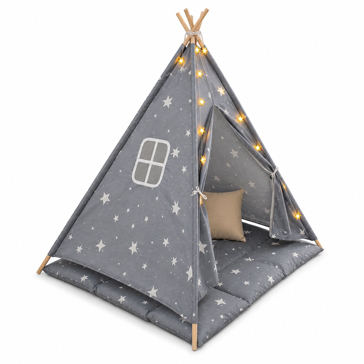Детска Памучна Палатка GINGER HOME Little Stars, Типи, Сива със Звезди, 100% Памук, с Мека Подложка с Пълнеж, Възглавница и LED Лампички, 120x120x160 см