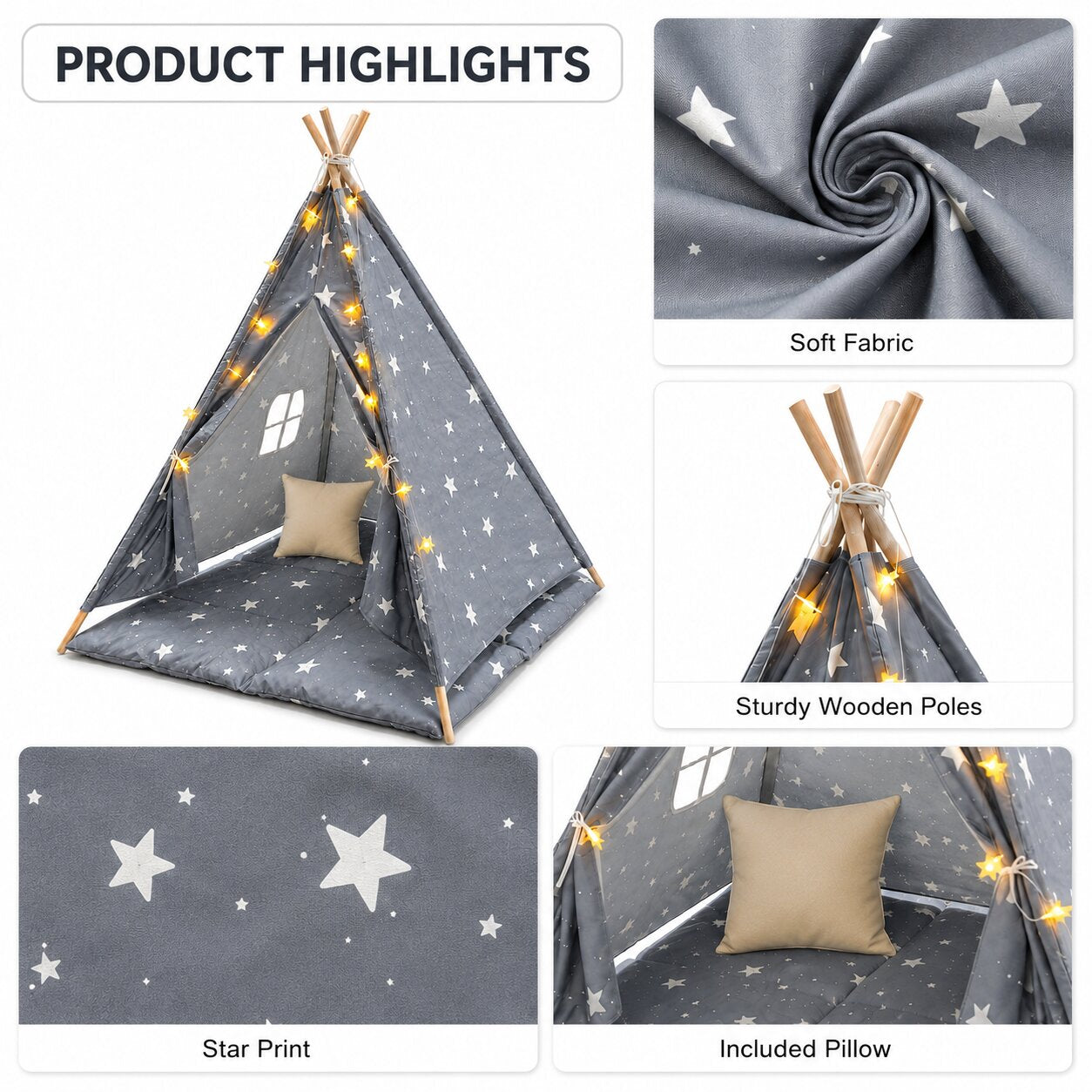 Детска Памучна Палатка GINGER HOME Little Stars, Типи, Сива със Звезди, 100% Памук, с Мека Подложка с Пълнеж, Възглавница и LED Лампички, 120x120x160 см