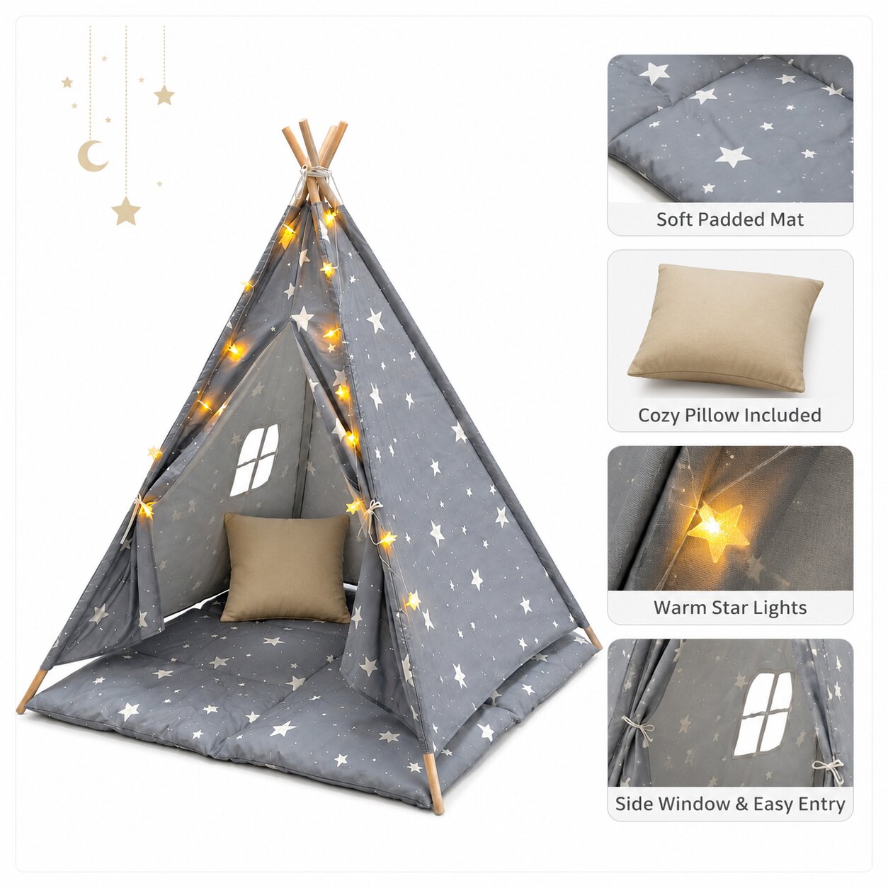 Детска Памучна Палатка GINGER HOME Little Stars, Типи, Сива със Звезди, 100% Памук, с Мека Подложка с Пълнеж, Възглавница и LED Лампички, 120x120x160 см