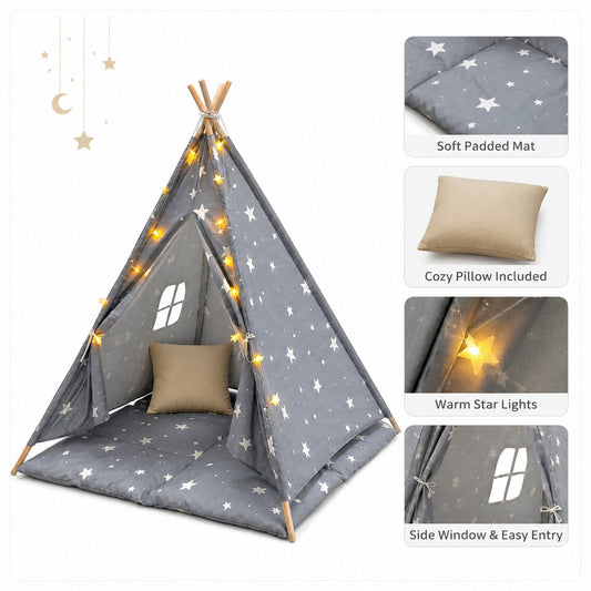 Детска памучна типи палатка GINGER HOME Little Stars, сива със звезди, 120x120x160 см