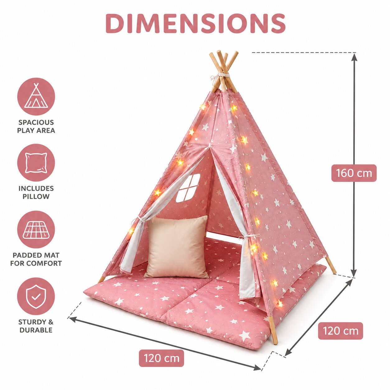 Детска Памучна Палатка GINGER HOME Little Stars, Типи, Розова със Звезди, 100% Памук, с Мека Подложка с Пълнеж, Възглавница и LED Лампички, 120x120x160 см