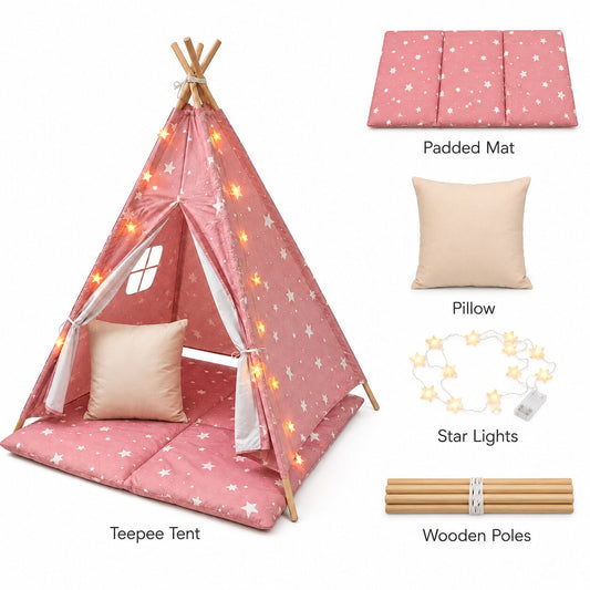 Розова детска типи палатка GINGER HOME Little Stars със звезди, показана цяла на светъл фон
