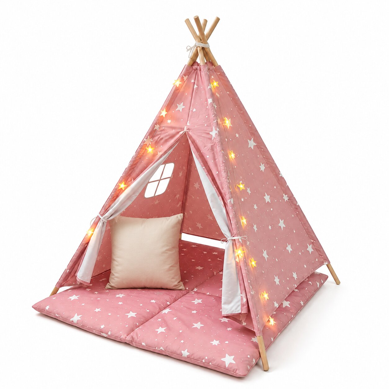 Детска Памучна Палатка GINGER HOME Little Stars, Типи, Розова със Звезди, 100% Памук, с Мека Подложка с Пълнеж, Възглавница и LED Лампички, 120x120x160 см