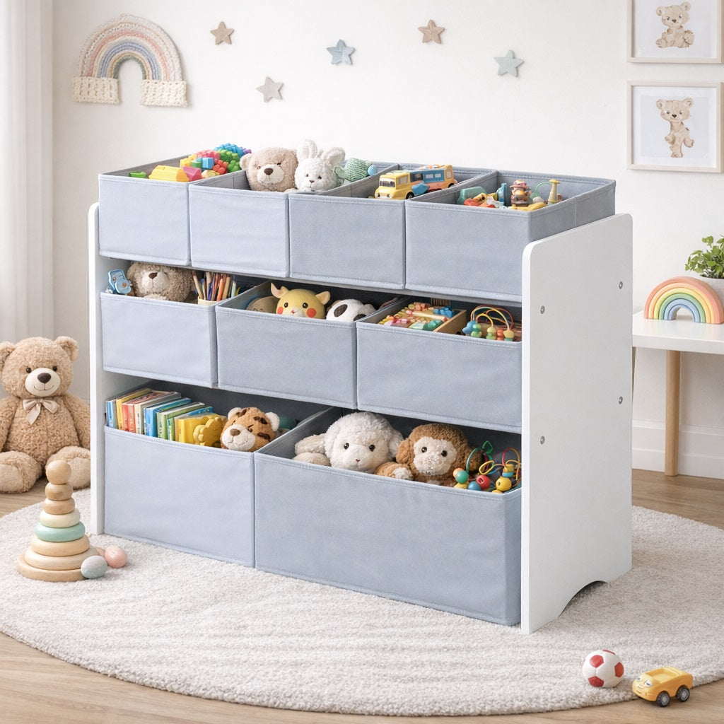 Organizzatore per giocattoli, scaffale per cameretta dei bambini, mobiletto, sezione con contenitori portaoggetti - Bianco, Grigio