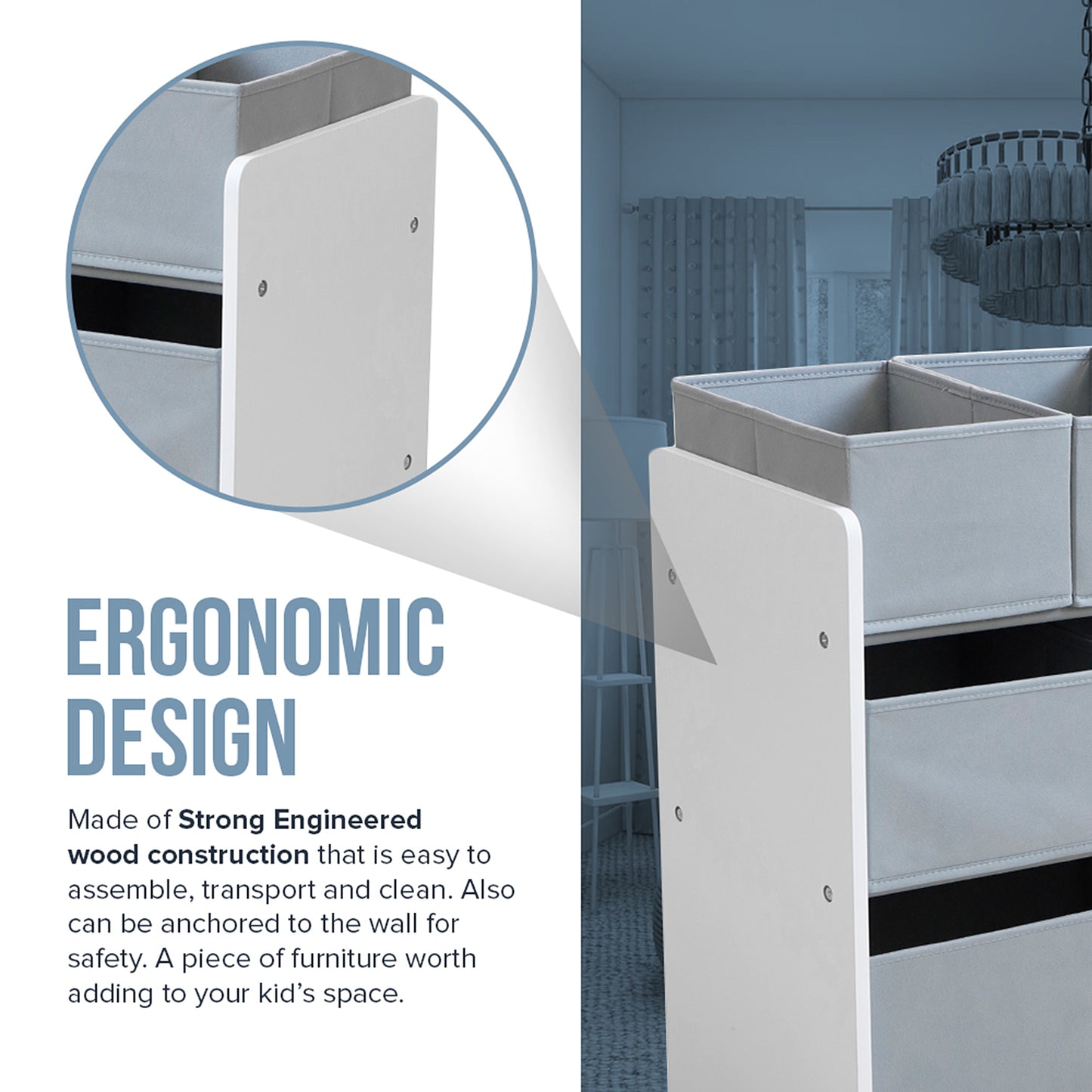 Organizzatore per giocattoli, scaffale per cameretta dei bambini, mobiletto, sezione con contenitori portaoggetti - Bianco, Grigio